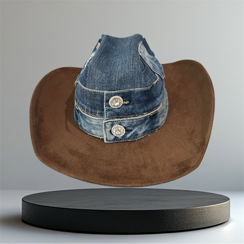 Denim and Brown Cowboy Hat